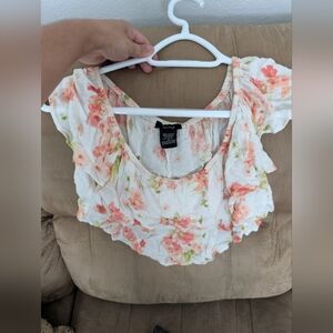 Timing Floral Ruffle Crop Top - Cream, Pink, Green